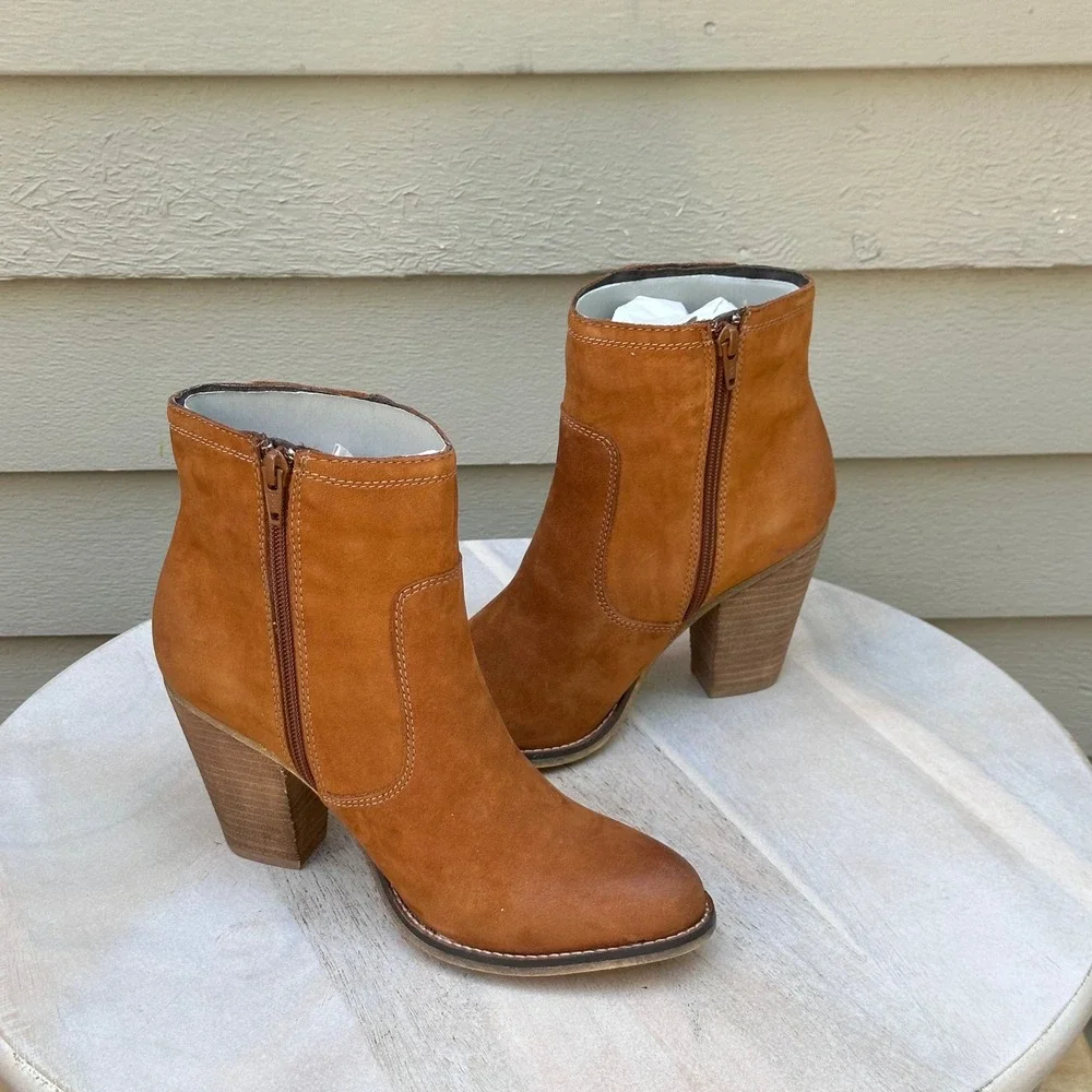 Aldo Olenalla Cognac Brown Leather Ankle Boots Block Heel Gold Zip Women 8.5 39 - Picture 8 of 14